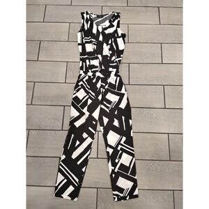 Mohito Collection Womens Black White Geometric Abstract Wrap V-Neck Jumpsuit 36
